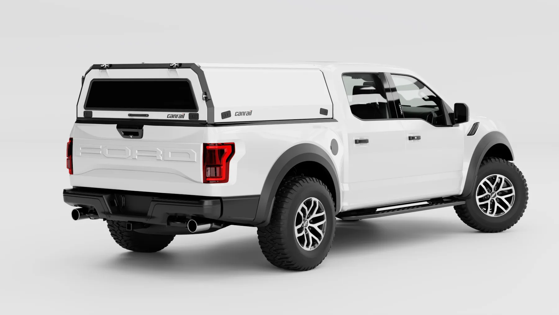 White Ford Raptor double-cab bakkie fitted with the Canrail canopy in sealed weatherproof mode
