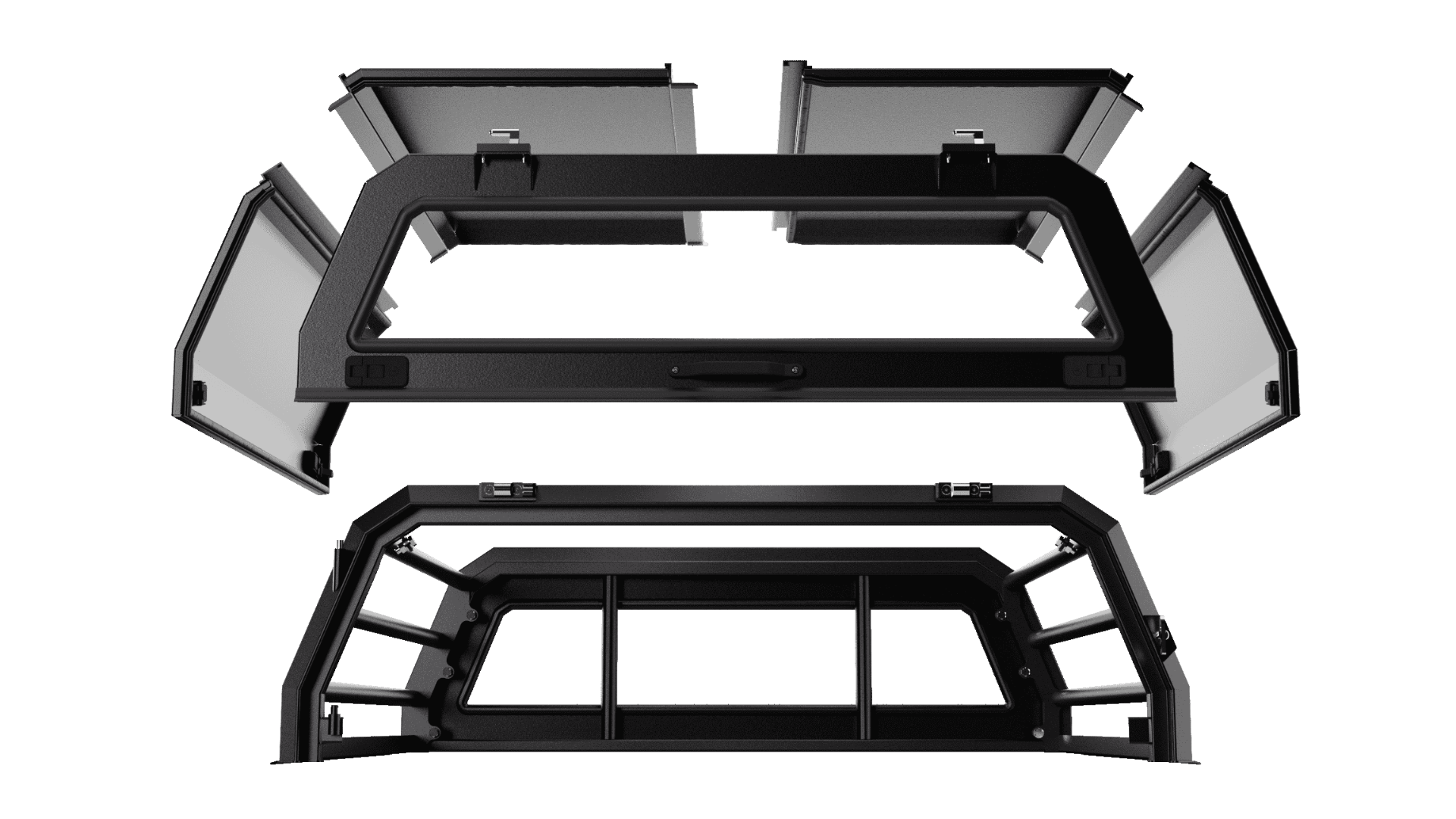 Canrail product render — canopy panels above the cattle rail frame, showing the two configurations of one system